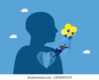 Free mind because of creativity. Businessman floating with light bulb balloon coming out of heart. business concept