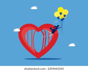 Free mind because of creativity. woman floating with light bulb balloon coming out of heart. business concept
