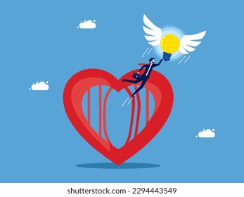 Free mind and discovery of thought. man flying with a light bulb coming out of the heart