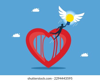 La mente libre y el descubrimiento del pensamiento. hombre volando con una bombilla que sale del corazón
