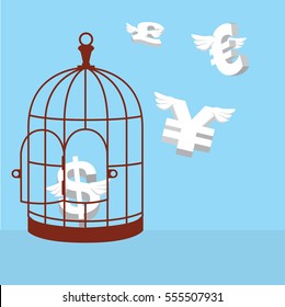 Free money currency. Open cage with flying money. Business concept. Vector, illustrator