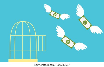 Free Money. Open Cage With Flying Money. Business Concept.