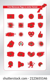 Free Moroccan flags in vector format. Set of icons flag on a white background, vector illustration. Morocco map and national emblem.