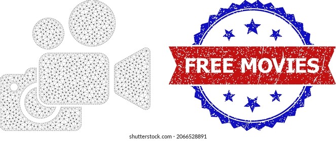 Free Movies rubber seal print, and photo and video cameras icon polygonal model. Red and blue bicolored stamp seal includes Free Movies tag inside ribbon and rosette.