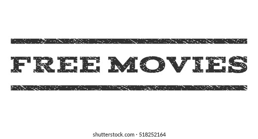 Free Movies watermark stamp. Text caption between horizontal parallel lines with grunge design style. Rubber seal stamp with dust texture. Vector gray color ink imprint on a white background.