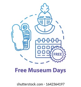 Free museum days concept icon. Admission discounts, inexpensive guided tours idea thin line illustration. Budget travel pastime, affordable vacation. Vector isolated outline RGB color drawing