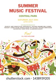 Free music festival, flat vector poster template. Summer open air jazz fest web banner with text space. Drums, trumpet, saxophone, guitar musical instruments doodle drawing. Blues concert flyer