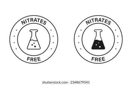 Free Nitrites in Food Ingredient Symbol Collection. Nitrates Free Black Stamp Set. No Nitrate Label. Nutrition Certified Control Not Nitrate Sign. Guarantee Non Nitrite. Isolated Vector Illustration.