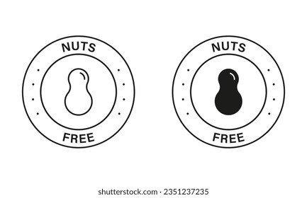 Free Nut Black Stamp Set. Free Nuts Product Symbol. Free Peanuts Logo. Avoid Food Allergy on Peanut Icons. 100 Percent No Contain Peanut Label. Isolated Vector Illustration.