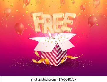 "FREE" (of charge) golden word flying out of gift box.  vector object on bright background. Gratis delivery