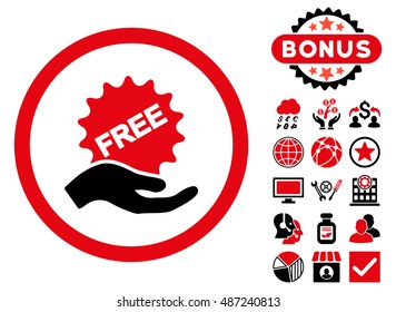 Free Offer icon with bonus pictogram. Vector illustration style is flat iconic bicolor symbols, intensive red and black colors, white background.