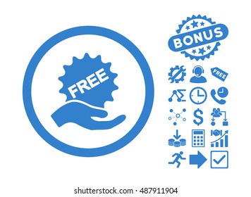 Free Offer pictograph with bonus icon set. Vector illustration style is flat iconic symbols, cobalt color, white background.