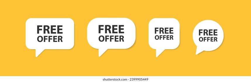 Free offer speech bubble. Advertisement message. Promotion sale. Shop comment. Important poster in the store. Marketing tag. Retail product. Vector illustration.