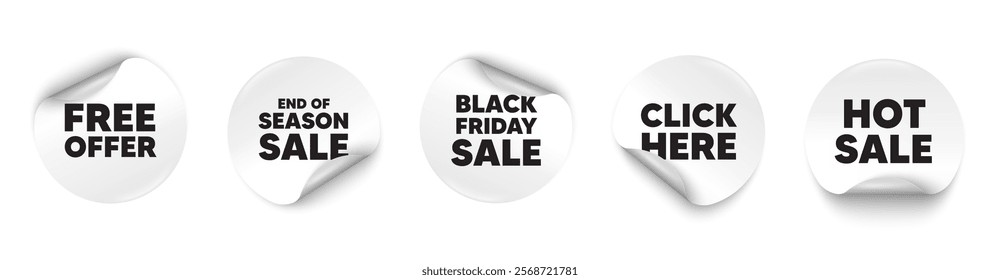 Free offer sticker tag. Season sale, Black friday paper price banners. Free offer tag. Special offer sign. Sale promotion symbol. Click here sticker. Vector