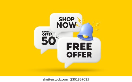 Free offer tag. 3d offer chat speech bubbles. Special offer sign. Sale promotion symbol. Free offer speech bubble 3d message. Talk box banner with bell. Vector