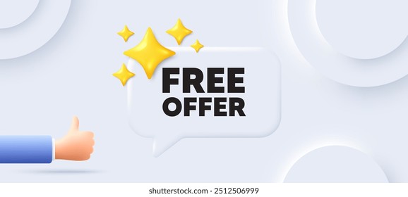 Free offer tag. Neumorphic background with chat speech bubble. Special offer sign. Sale promotion symbol. Free offer speech message. Banner with like hand. Vector