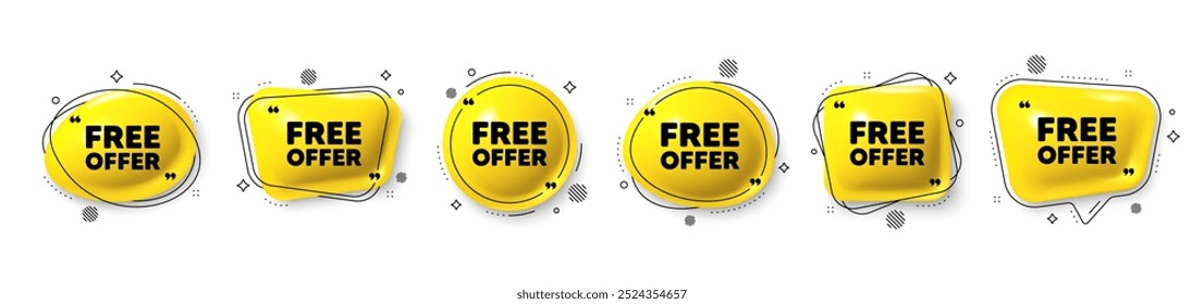 Free offer tag. Speech bubble 3d icons set. Special offer sign. Sale promotion symbol. Free offer chat talk message. Speech bubble banners with comma. Text balloons. Vector