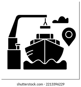 Free on board glyph icon.Transportation term. Price for goods includes delivery at Seller expense to specified point.Import and export concept.Filled flat sign. Isolated silhouette vector illustration