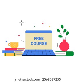 Free Online Course Displayed On Laptop With Books And Vase In Flat Vector Illustration Symbolizing Digital Learning, Education, And Knowledge, Isolated On White Background.