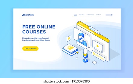 Free online courses. Isometric web banner, landing page template. Vector illustration of modern web page with video tutorial