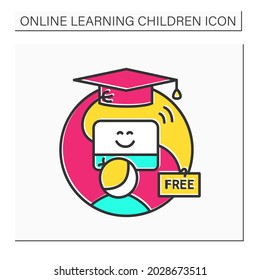 Free online education color icon. Web training and homeschooling technology for distance learning.Free webinars, seminars on internet. Isolated vector illustration