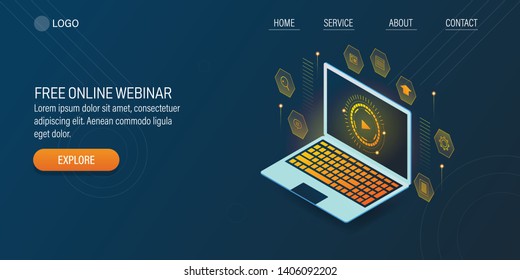 Free Online Webinar, Online Event, Virtual Seminar, Webcast Technology, 3D, Isometric Vector Banner With Icons And Texts