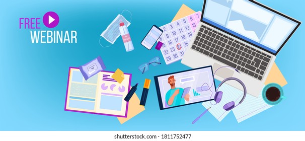 Free online webinar or training vector illustration with young tutor, home office flat lay, laptop, tablet. Digital school or university education banner with workplace top view. Online webinar poster