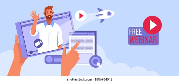 Free online webinar vector concept with man tutor training online, hands, rocket. E-learning or digital seminar illustration. Video webinar or online internet training flat background with teacher