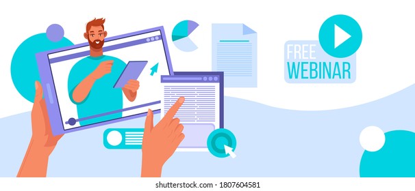 Free online webinar vector concept with man tutor training online, hands, files. E-learning or digital courses illustration. Video webinar or internet training flat background with online teacher