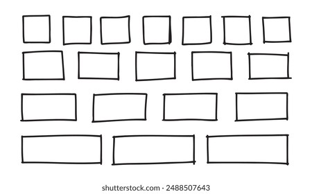 Free outline hand drawn squares, rectangles different sizes. Scribble rectangular frames set. Freehand square borders. Text highlight underline. . Vector illustration