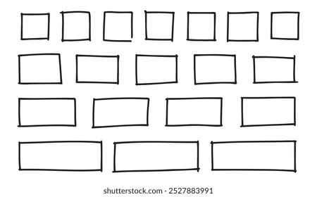 Free outline hand drawn squares, rectangles different sizes. Scribble rectangular frames set. Freehand square borders. Text highlight underline. . Vector illustration
