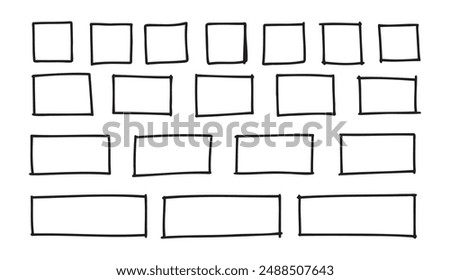 Free outline hand drawn squares, rectangles different sizes. Scribble rectangular frames set. Freehand square borders. Text highlight underline. . Vector illustration