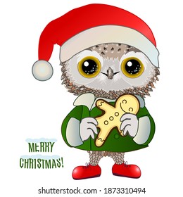 free owl in Santa hat holding gingerbread man in hands, emoji on white isolated background with inscription Merry Christmas