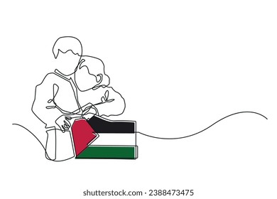 free palestine banner design.continuous line free palestine.single line of child crying and carrying palestine flag.humanitarian solidarity for palestine