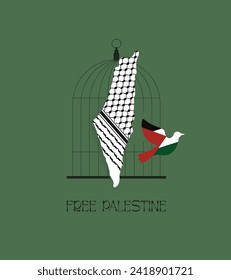 Free Palestine. Bird escaping from the broken cage. Vector