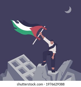 free palestine concept illustration. person holding palestine flag above ruins of building flat design illustration