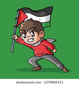 Free Palestine cute cartoon vector illustration. Boy holding Palestine Flag. Free Palestine Vector Illustration.