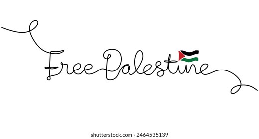 Free Palestine handwritten inscription with Palestine flag. One line drawing of phrase hand writing calligraphy card lettering isolated on white background.