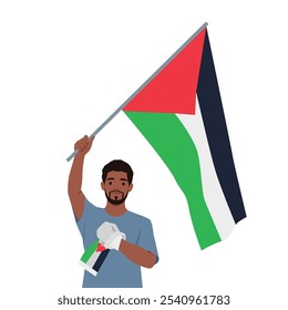 Free Palestine the man stand with flag. Flat vector illustration isolated on white background