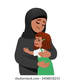 Free Palestine. No war. Mother hugs daughter. Stop war, Protect children concept. Pray for peace Gaza Vector flat illustration
