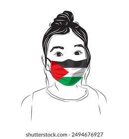 free palestine. Palestinian kids girl with palestine flag mask. vector illustration