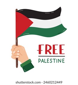 Free Palestine poster with lettering and hand holding Gaza flag. Palestine design concept of save and support. Simple hand drawn clipart for poster, banner, wallpaper, flyer, t shirt, post.