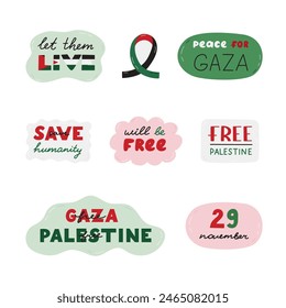 Free Palestine set with handwritten lettering in the abstract bubbles. Let Them Live, Save Humanity, Free Gaza, Peace For Palestine, Will be Free for poster, banner, wallpaper, flyer, t shirt.