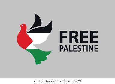 Free Palestine text with Palestine flag in a shape of flying dove bird , free Palestine poster , banner, template ...etc , freedom and peace concept 