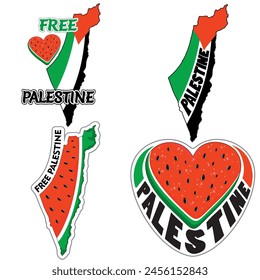 Free Palestine Text Logos mit palästinensischer Flagge, Palästinakarte, Wassermelonenherz, Set von vier Vektorgrafiken Grafik Logos
