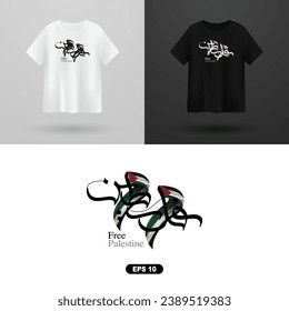 Free Palestine T-Shirt Arabic Calligraphy Background Vector Design with beautiful Flag and Aqsa mosque. also can used for Illustration, Wallpaper, Banner, Cover. Translation Of Text : FREE PALESTINE