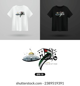 Free Palestine T-Shirt Arabic Calligraphy Background Vector Design with beautiful Flag and Aqsa mosque. also can used for Illustration, Wallpaper, Banner, Cover. Translation Of Text : FREE PALESTINE