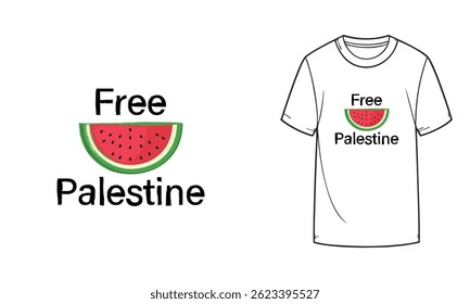 Free Palestine T-shirt design, watermelon with lettering Free Palestine in grunge style, vector illustration.