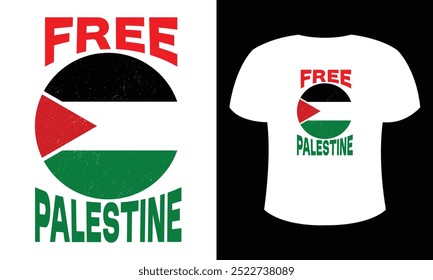 Diseño de camiseta 'FREE PALESTINE'. Las palabras están acentuadas por los colores de la bandera palestina, que simbolizan la resistencia y la esperanza. 