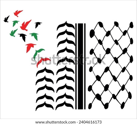 Free Palestine! We stand with Palestine! Palestine keffiyeh with flying birds, palestine flag colors